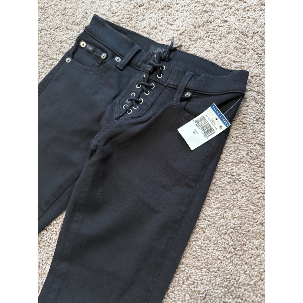 Polo Ralph Lauren Lace-Up Tompkins Super Skinny Jeans Black Denim Pants Size‎ 25 - Picture 2 of 11
